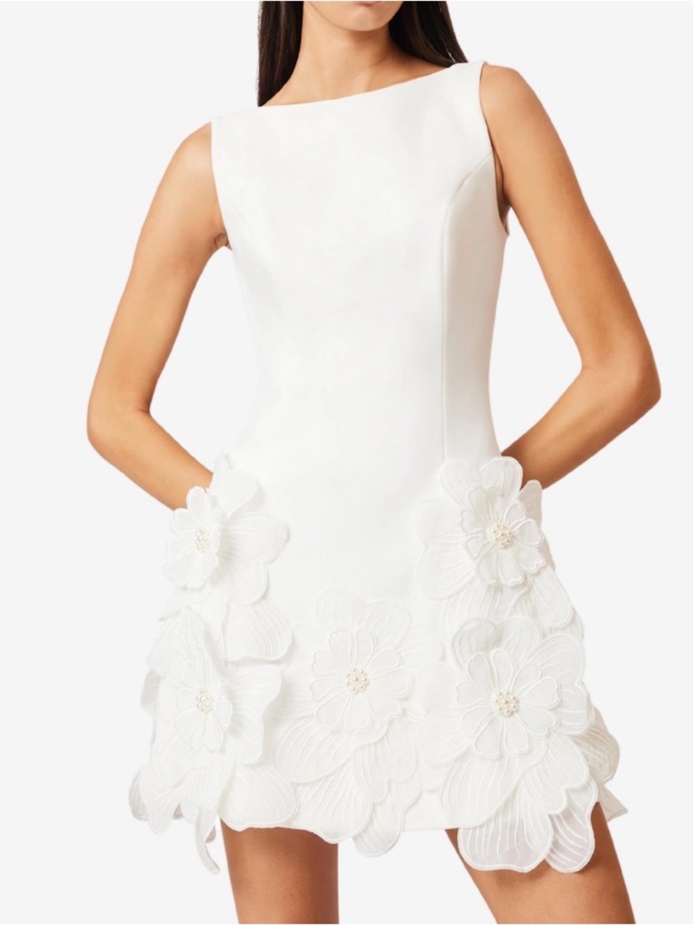 Sleeveless White Mini Dress with 3D Floral Appliqué